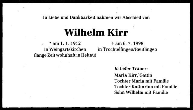 Kirr Wilhelm 1912-1998 Todesanzeige